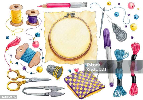 Watercolor Set Of Embroidery Tools Stock Illustration - Download Image Now - Watercolor Painting, Sewing, Thimble