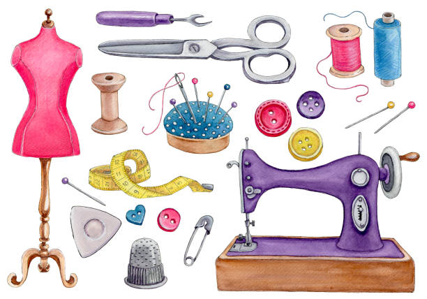 illustrazioni stock, clip art, cartoni animati e icone di tendenza di set ad acquerello di utensili da cucire - sewing tailor sewing machine needlecraft product
