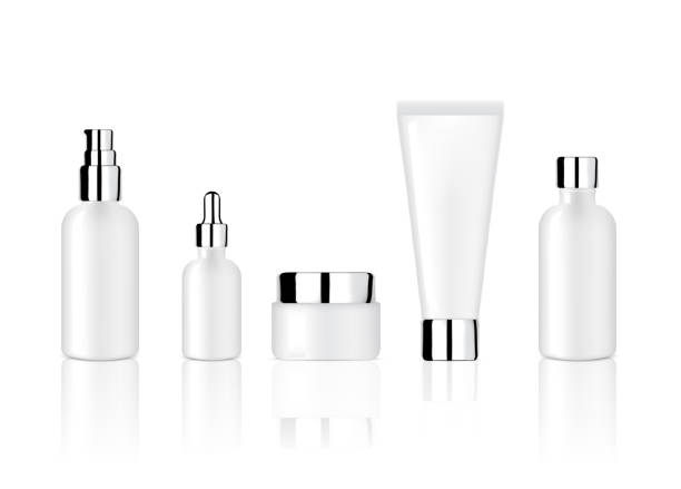 istock Mock up Realistic Glossy White Cosmetic Soap, Shampoo, Cream and Oil Dropper Bottles Set with Metallic Cap for Skincare Product Background Illustration 1027801212