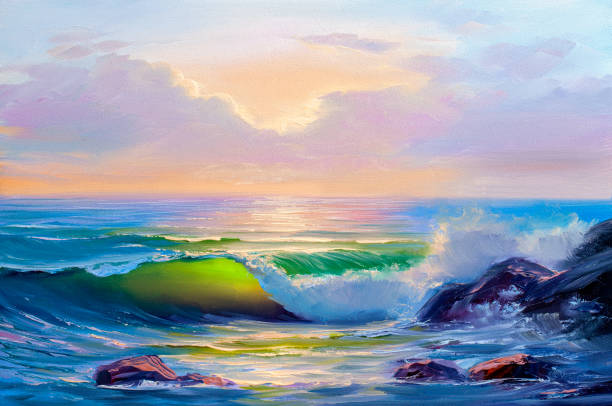 istock Morning on sea, wave, illustration, Oil painting paints on a canvas. 1027803822