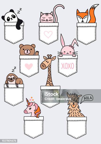 Cute Baby Animals In A Pocket Vector Set Stock Illustration - Download Image Now - Giraffe, Pocket, Sloth