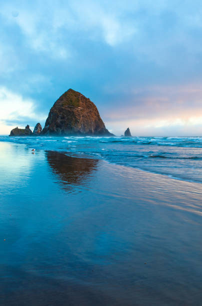 istock Vertical photograph of Haystack Rock reflecting in water's edge 1027819578