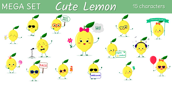 istock Mega set of fifteen lemons character in different poses and accessories in cartoon style. 1027819616