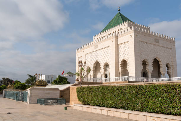 Minaret of a mosque in Kenitra, Morocco. View of a traditional moroccan minaret tower, a distinctive architectural feature of mosques. Traditional and typical moroccan architectural details.