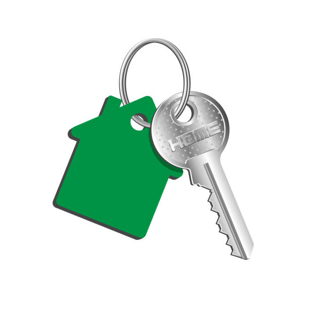 illustrations, cliparts, dessins animés et icônes de maison clé sur le ring avec un porte-clé verte, la location de biens, le concept d’achat vente de biens immobiliers - key house house key green