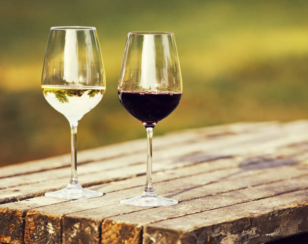 due bicchieri di vino, vino rosso e vino bianco all'aperto - wine bottle bottle burgundy wine foto e immagini stock