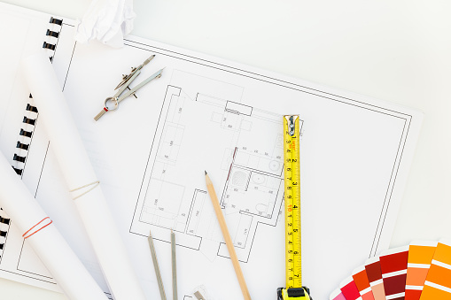 Interior Designer Table Workplace With House Plan Stock Photo ...