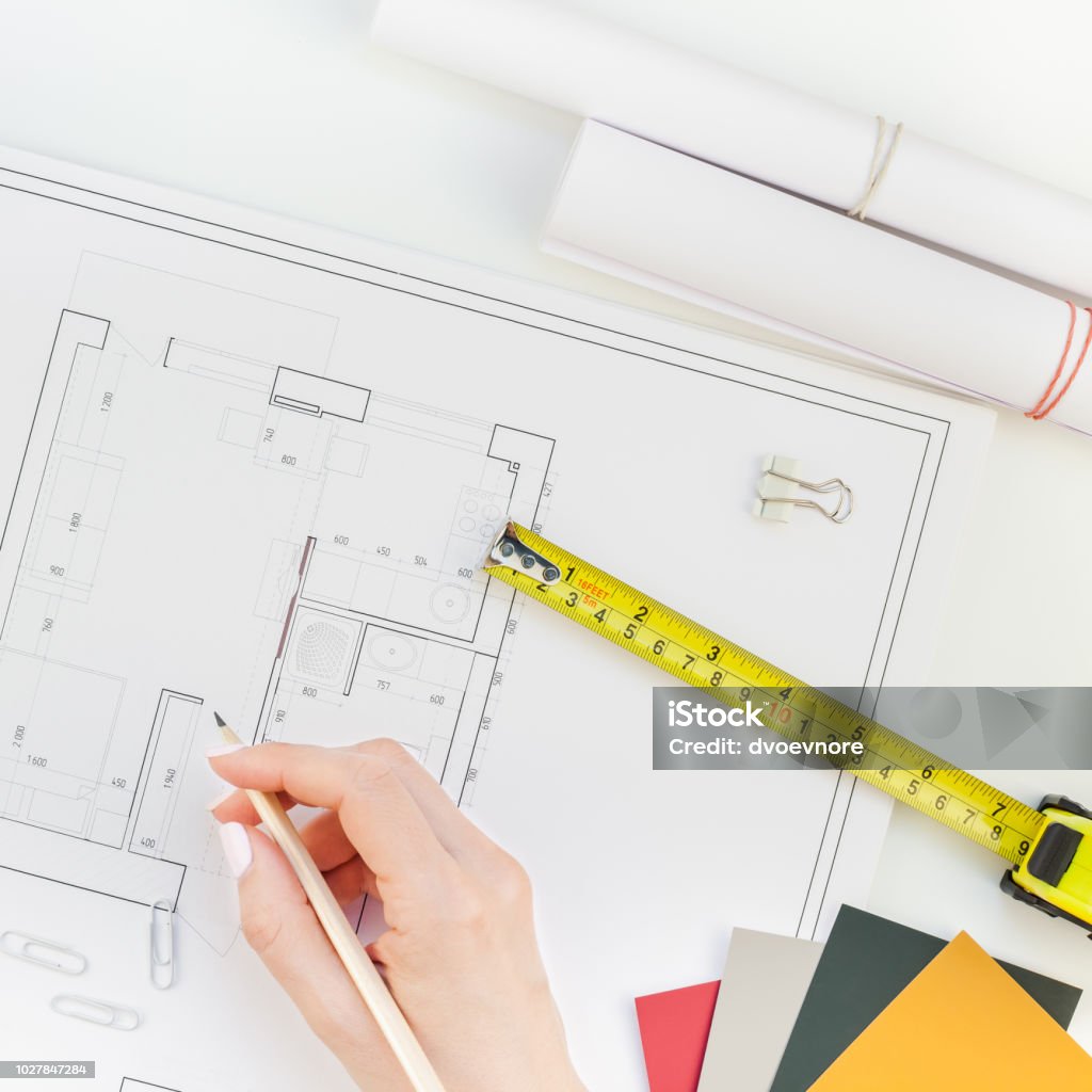 Interior Designer Table Workplace With House Plan Stock Photo ...