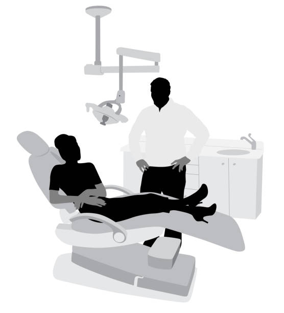 Discussing Dentistry Options Dentist talking to a patient dental light stock illustrations