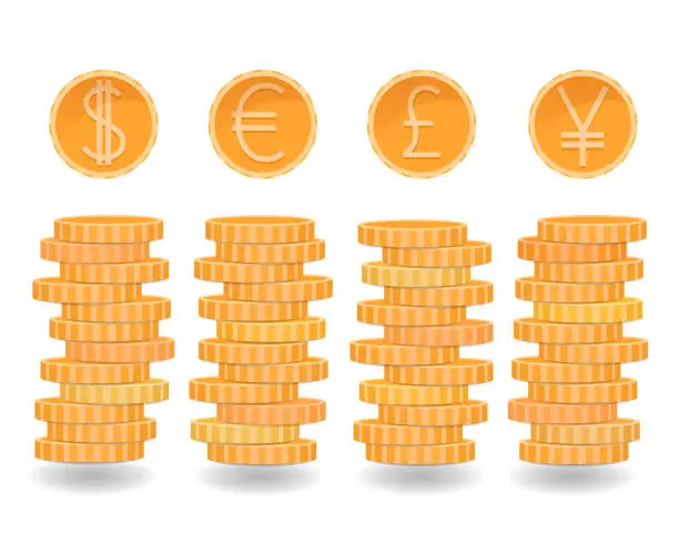 Vector illustration of Coins stacks, dollar, euro, pound, yen coins, different currencies, golden coins, metal money rouleau, vector money illustration