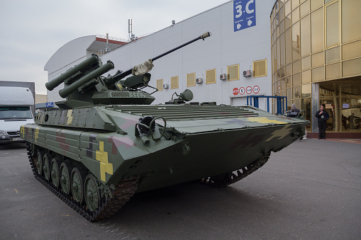 Kiev, Ukraine - October 14, 2016: The modernized infantry fighting vehicle of the Ukrainian production BMP-1UMD at the Weapon and Safety exhibition