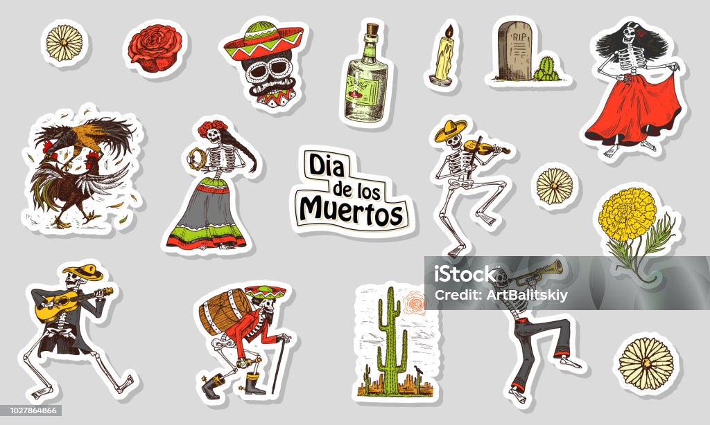 Dancing Skeletons. Day of the dead stickers. Mexican national holiday. Original inscription in Spanish Dia de los Muertos. Play the violin, trumpet and guitar. Hand drawn engraved sketch Cut Out stock vector