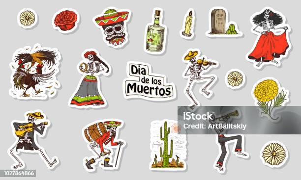 Dancing Skeletons Day Of The Dead Stickers Mexican National Holiday Original Inscription In Spanish Dia De Los Muertos Play The Violin Trumpet And Guitar Hand Drawn Engraved Sketch Stock Illustration - Download Image Now