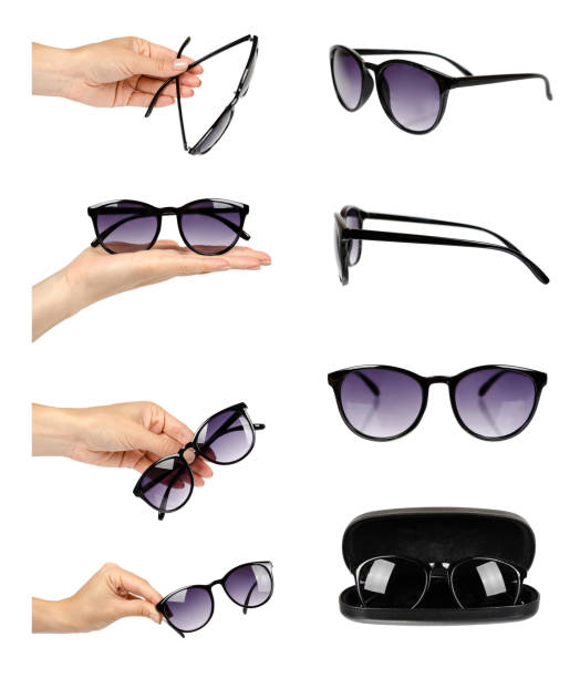istock set of different Stylish plastic sunglasses with hand isolated on white background. 1027868728
