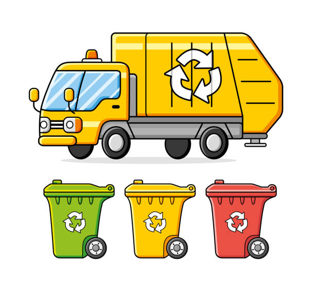 Garbage truck and recycling wheelie trash bin in different colors Garbage truck and recycling wheelie trash bin in different colors, vector isolated. Waste management, separation or sorting set. utilize stock illustrations