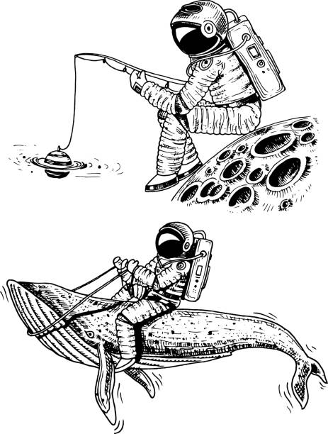 Astronaut spaceman with a fishing rod on the moon. astronomical galaxy space. Funny cosmonaut explore adventure. engraved hand drawn in old sketch. blue whale among the planets in solar system Astronaut spaceman with a fishing rod on the moon. astronomical galaxy space. Funny cosmonaut explore adventure. engraved hand drawn in old sketch. blue whale among the planets in solar system cosmonaut stock illustrations