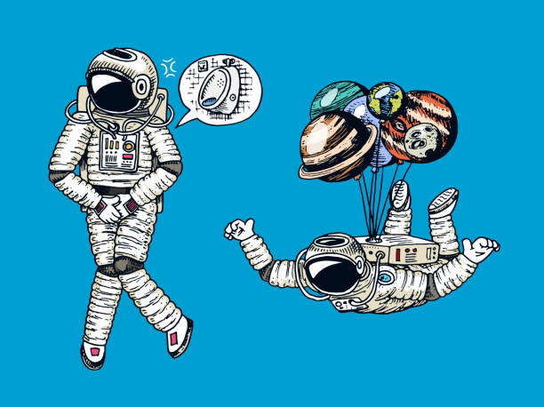 istock Astronaut spaceman with balloons moon, sun earth, mars venus. astronomical galaxy space. cosmonaut explore adventure. wc restroom symbol. engraved hand drawn in old sketch. planets in solar system 1027878944