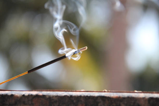 Incense stick and smoke from incense burning. Beautiful smoke. Blurred background and design with copy space.