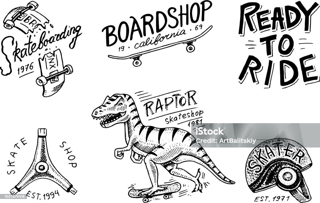 Set of Skateboarding labels logo. Skater Dinosaur tyrannosaur rex rides on the board.. Urban design for badges, emblems t-shirt typography. engraved hand drawn sketch in monochrome vintage style Skateboarding stock vector
