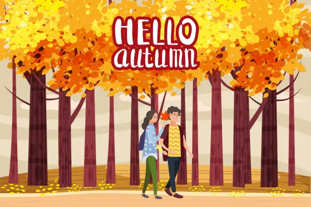 Vector illustration of Hello autumn, Autumn alley, couple guy and girl characters walking along the path in the park, fall, autumn leaves, mood, color, vector, illustration, cartoon style, isolated