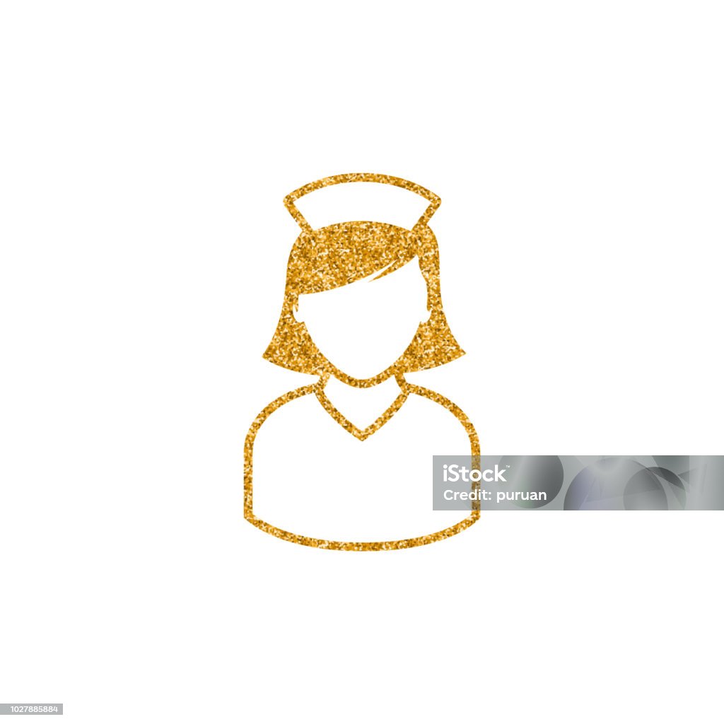 Gold Glitter Icon - Nurse Nurse icon in gold glitter texture. Sparkle luxury style vector illustration. Assistance stock vector