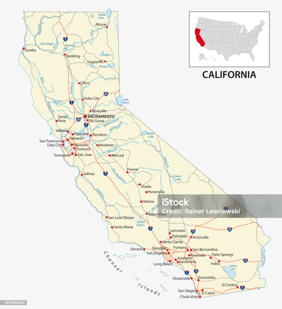 mapa de carretera del estado estadounidense de California. - arte vectorial de Mapa libre de derechos