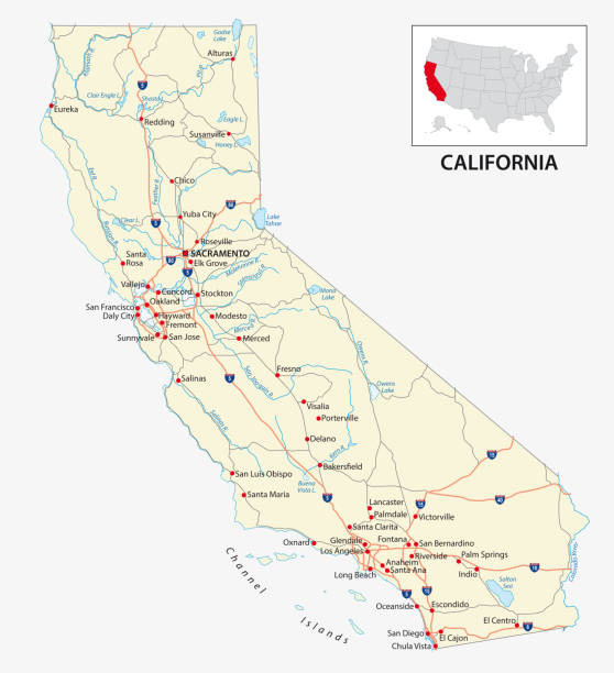 illustrazioni stock, clip art, cartoni animati e icone di tendenza di road map dello stato americano della california. - map san francisco bay area california cartography