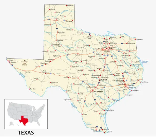 Vector illustration of road map of the US American State of Texas.