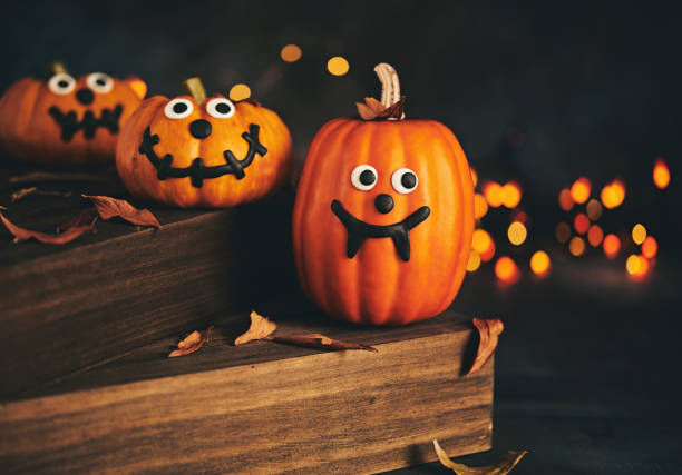 Cute pumpkin characters with handmade expressions and holiday lights
