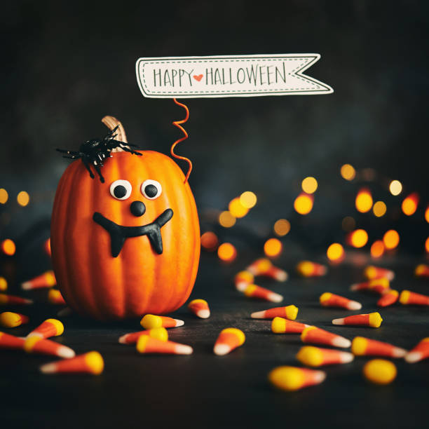 Cute pumpkin character with handmade expression and Happy Halloween sign