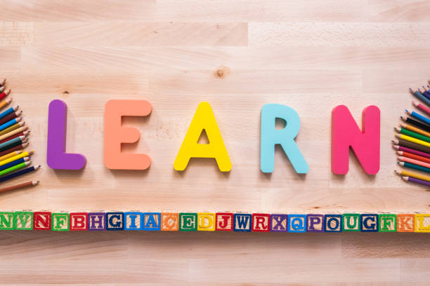 istock Bright color wooden LEARN sign on wood desk. 1027900736