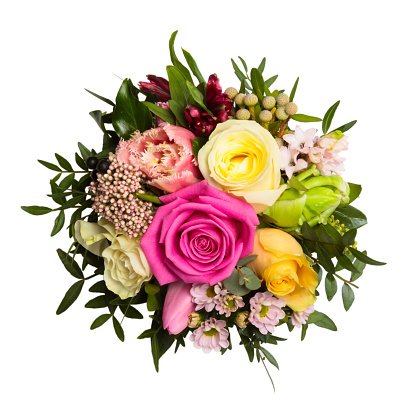 Large multicolored bouquet of many flowers: Roses, chrysanthemums and other flowers