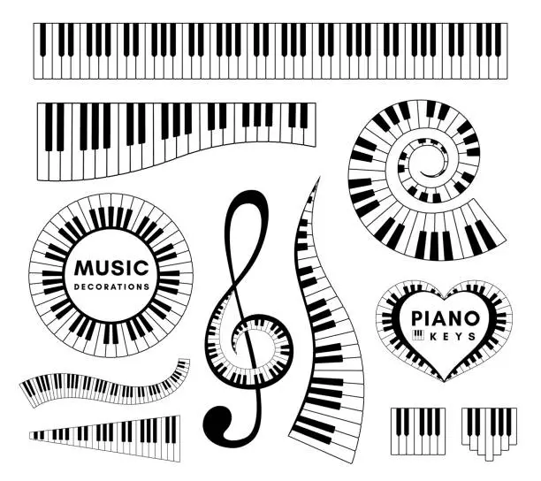 Vector illustration of Piano keys decorative design elements. Set of musical vector isolated decorations.