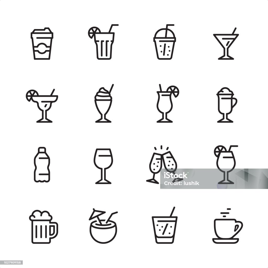 Drink & Alcohol - outline icon set 16 line black on white icons / Set #64 / Drink & Alcohol /
Pixel Perfect Principle - all the icons are designed in 48x48pх square, outline stroke 2px.

First row of outline icons contains: 
Take Out Coffee Paper Cup, Mojito (Drinking Glass Cocktail), Take Out Lemonade, Martini Glass;

Second row contains: 
Margarita Drinking Glass, Milkshake, Tropical Cocktail, Latte;

Third row contains: 
Water Bottle, Wine glass, Champagne Glasses, Spritz Cocktail; 

Fourth row contains: 
Beer - Alcohol, Coconut Cocktail, Soda Glass (Lemonade), Coffee, Tea Cup.

Complete Inlinico collection - https://www.istockphoto.com/collaboration/boards/2MS6Qck-_UuiVTh288h3fQ Icon Symbol stock vector
