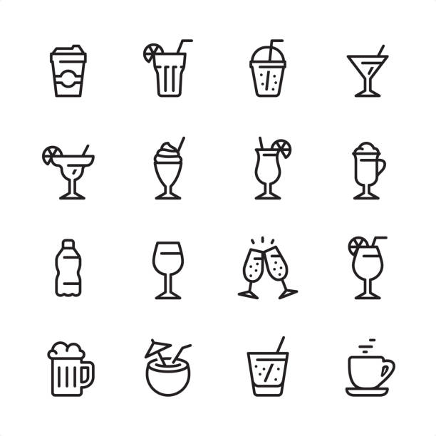 Drink & Alcohol - outline icon set 16 line black on white icons / Set #64 / Drink & Alcohol /
Pixel Perfect Principle - all the icons are designed in 48x48pх square, outline stroke 2px.

First row of outline icons contains: 
Take Out Coffee Paper Cup, Mojito (Drinking Glass Cocktail), Take Out Lemonade, Martini Glass;

Second row contains: 
Margarita Drinking Glass, Milkshake, Tropical Cocktail, Latte;

Third row contains: 
Water Bottle, Wine glass, Champagne Glasses, Spritz Cocktail; 

Fourth row contains: 
Beer - Alcohol, Coconut Cocktail, Soda Glass (Lemonade), Coffee, Tea Cup.

Complete Inlinico collection - https://www.istockphoto.com/collaboration/boards/2MS6Qck-_UuiVTh288h3fQ juice drink illustrations stock illustrations
