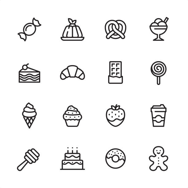 Sweet Food - outline icon set 16 line black on white icons / Set #63 / Sweet Food /
Pixel Perfect Principle - all the icons are designed in 48x48pх square, outline stroke 2px.

First row of outline icons contains: 
Hard Candy, Gelatin Dessert, Pretzel, Flavored Ice Cream;

Second row contains: 
Slice of Cake, Croissant, Chocolate Bar, Lollipop;

Third row contains: 
Ice Cream Cone, Cupcake, Strawberry in Chocolate, Take Out Coffee Paper Cup; 

Fourth row contains: 
Honey Dipper, Birthday Cake, Donut, Gingerbread Man.

Complete Inlinico collection - https://www.istockphoto.com/collaboration/boards/2MS6Qck-_UuiVTh288h3fQ dessert stock illustrations