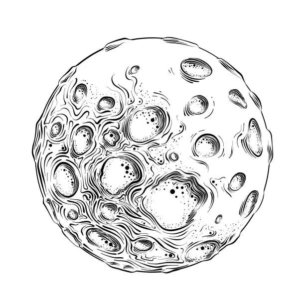 Vector illustration of Hand drawn sketch of moon planet in black isolated on white background. Detailed vintage style drawing. Vector illustration