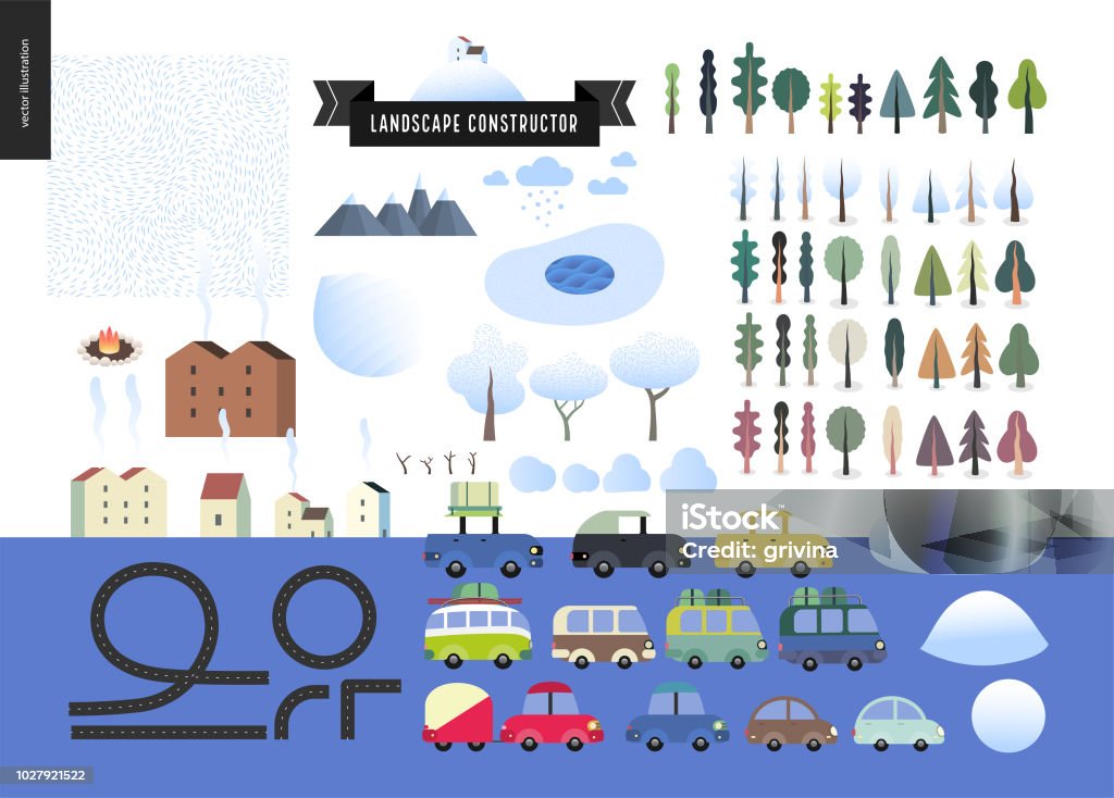 Winter landscape constructor Winter landscape constructor set - kit of city and park landscape elements - houses, snow-covered trees, cars, roads, frozen lake. Tree stock vector