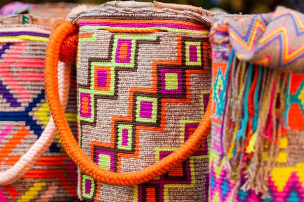 Traditional bags hand knitted by women of the Wayuu community