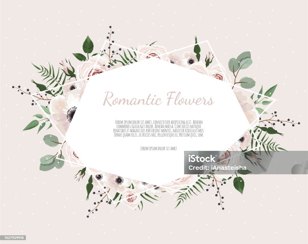 Floral wreath with green eucalyptus leaves, flower rose, anemone . Frame border with copy space eps10 Floral wreath with green eucalyptus leaves, flower rose, anemone . Frame border with copy space. eps10 Flower stock vector