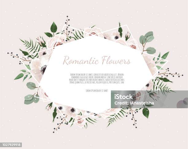Floral Wreath With Green Eucalyptus Leaves Flower Rose Anemone Frame Border With Copy Space Eps10 Stock Illustration - Download Image Now
