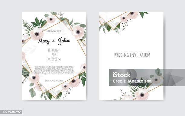 Botanical Wedding Invitation Card Template Design White And Pink Flowers Vector Template Set Stock Illustration - Download Image Now