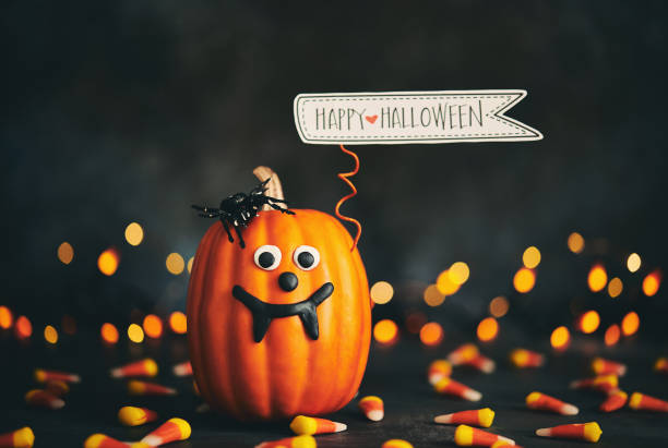 Cute pumpkin character with handmade expression and Happy Halloween sign
