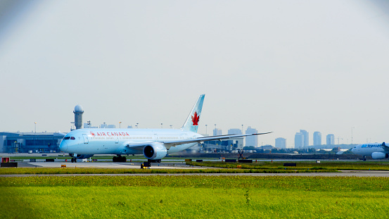 Toronto, Canada - August 27 2018: Boeing 787 Dreamliner of Air Canada approaching Toronto airport. Air Canada flies to over 178 destinations worldwide and is the tenth largest airline in the world.