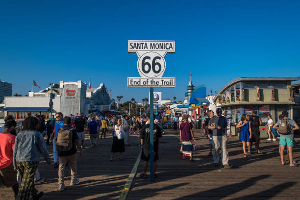 Santa Monica, August 7, 2018. The sign on the Santa Monica pier marks the end of the road for those traveling on Route 66 from Chicago to LA.