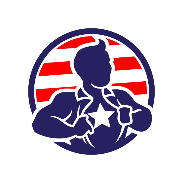 Super hero patriot man opening his shirt Vector icon of patriotic super hero man silhouette opening his shirt showing a star on a chest. gi icon stock illustrations