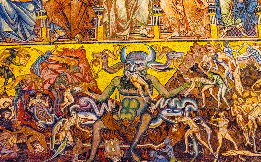 Devil Satan Eating Devouring Evil Sinners Mosaic Dome Baptistry Saint John Duomo Cathedral Church Florence Italy. Baptistry created 1050 to 1150, mosaics by Friar Jacobus in 1200s.