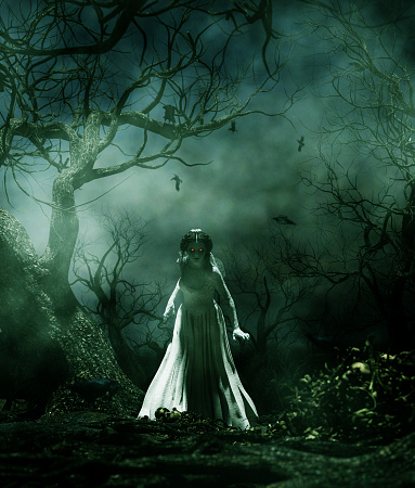 Ghost bride in creepy forest,3d illustration for book illustration or book cover