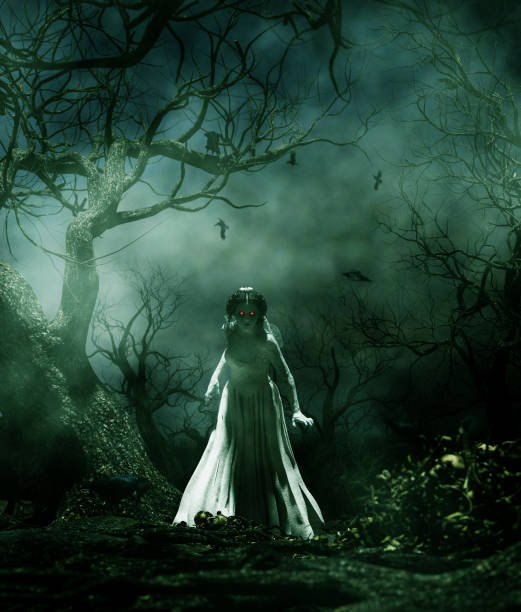 Ghost bride Ghost bride in creepy forest,3d illustration for book illustration or book cover scary bride stock pictures, royalty-free photos & images