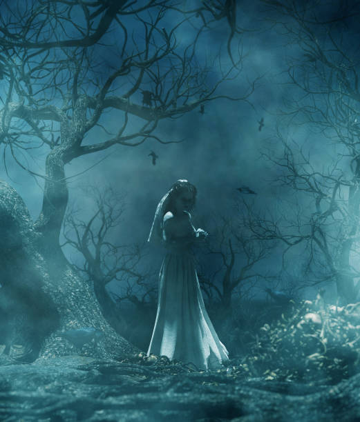 Ghost bride Ghost bride in creepy forest,3d illustration for book illustration or book cover scary bride stock pictures, royalty-free photos & images